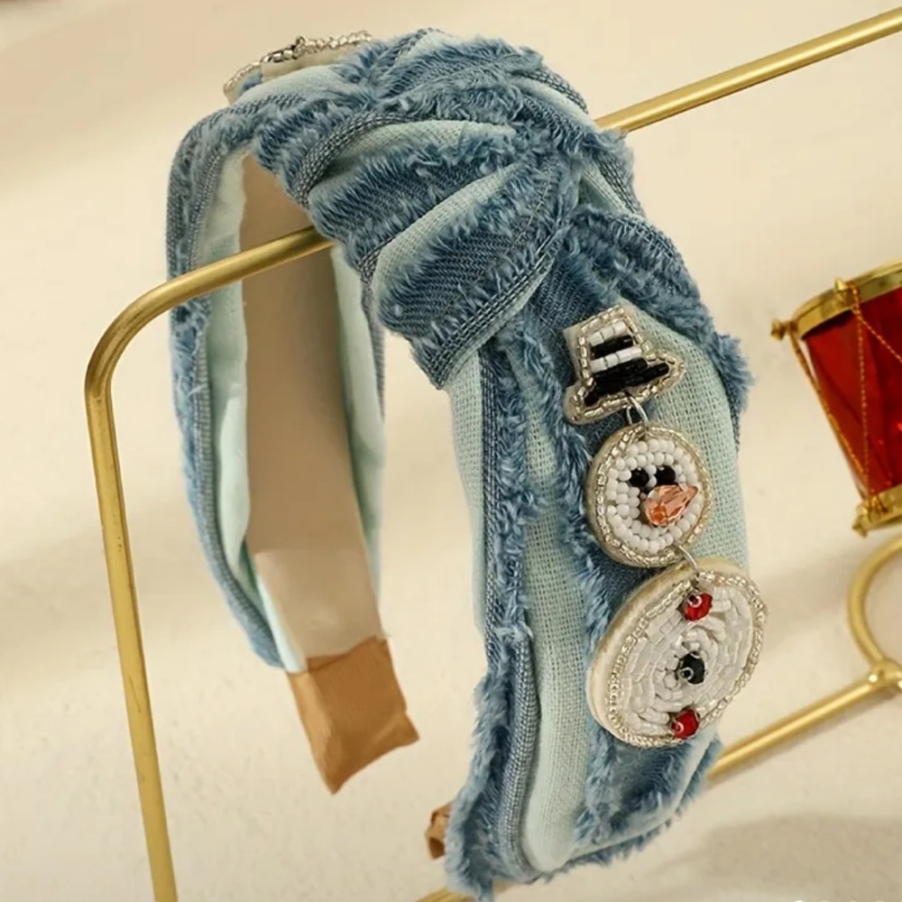 Light Blue Denim Snowman Beaded Headband - Picture 2 of 3